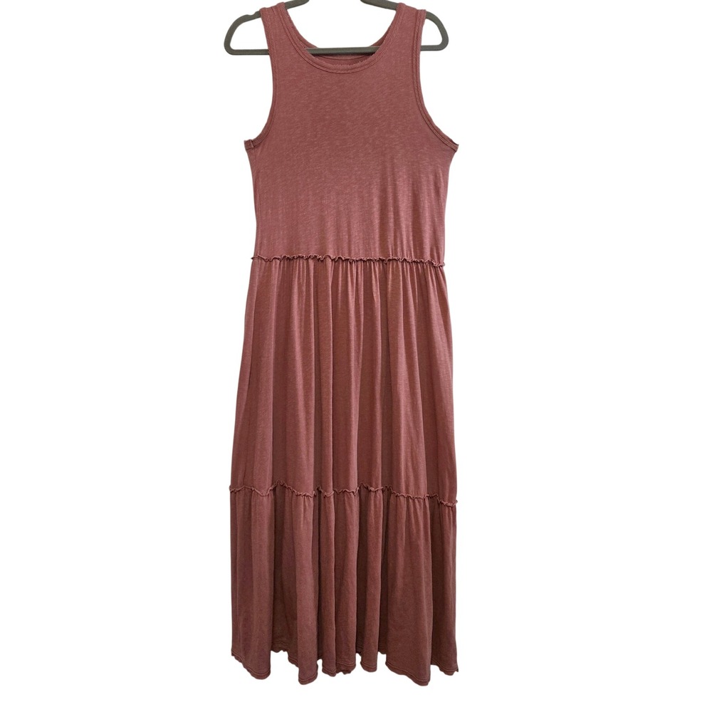 Aerie Women's S Boho Slub Knit Tiered Midi Dress Terracotta Sleeveless Raw Edge